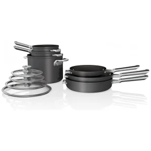 Conjunto de Panelas e Frigideiras Antiaderentes Anodizadas com Tampas de Vidro, 10 Peças, NINJA C59500, Preto