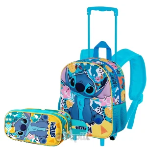 Conjunto Pré-Escolar Trolley 34cm e Estojo Duplo 3D Stitch “Colors”
